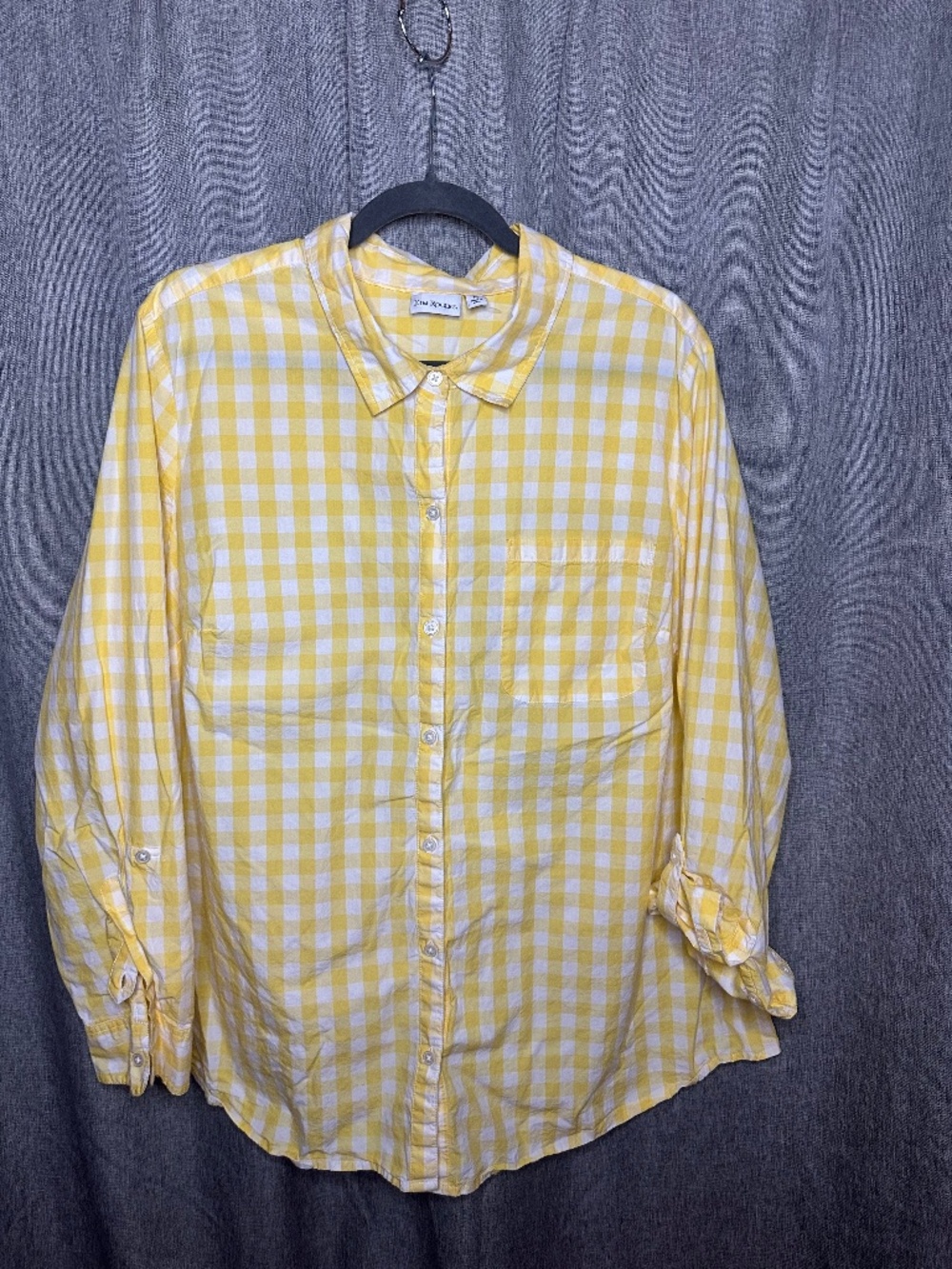 Kim Rogers Yellow Gingham Button Down Roll-Tab Shirt Plus Size 1X
